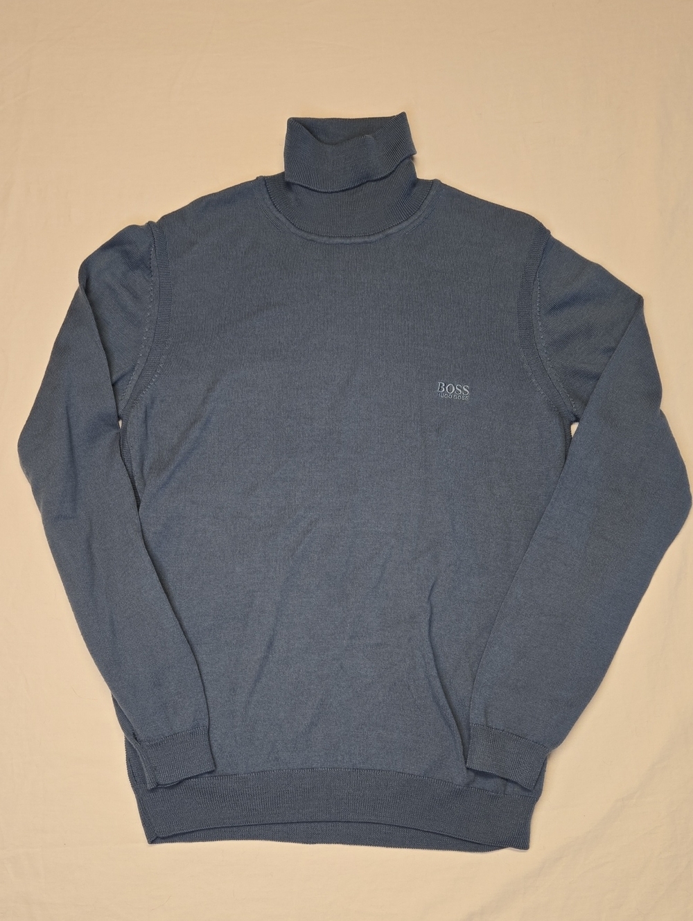 Hugo Boss Slate Blue Knit Virgin Wool Blend Lightweight Turtleneck Sweater